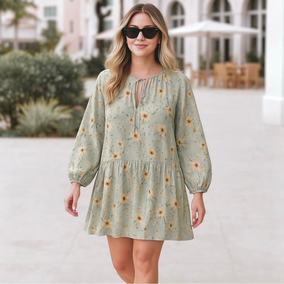 H&M Sunflowers Floral Balloon Sleeve Boxy Relaxed Drop Waist Shift Dress Size 12 - Picture 1 of 10